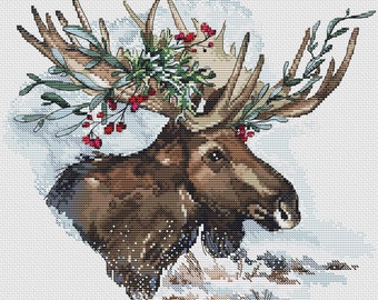 The Guardian of the winter Forest - PDF cross stitch pattern - Moose cross stitch water color styles - Elk embroidery counted pdf pattern