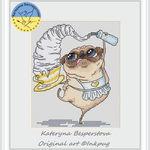 May include: Cross-stitch artwork of a pug wearing an apron and holding a cup with a large swirl of whipped cream. The pug is light brown with large eyes. The artwork includes the text "Kateryna Besperstova" and "Original art @Inkpug".