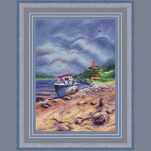 Old boat PDF cross stitch pattern - Lighthouse cross stitch - Seascape embroidery - Boat on the Beach counted pdf chart