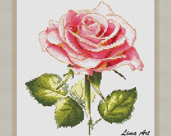 Pink Rose cross stitch pattern - PDF Modern cross stitch - Flower cross stitch - Rose embroidery chart