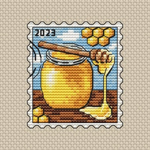 Sweet Honey PDF patrón punto de cruz - Bordado post sello - Punto de cruz cosecha de verano - Cocina de miel de abeja contada pdf - Sello postal