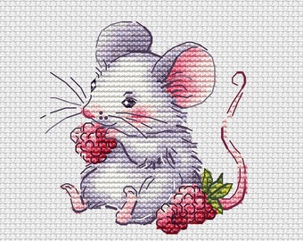 Cute Little mouse with raspberries - PDF cross stitch mice pattern  Mouse collection Cross Stitching Animals Embroidery Baby Motif