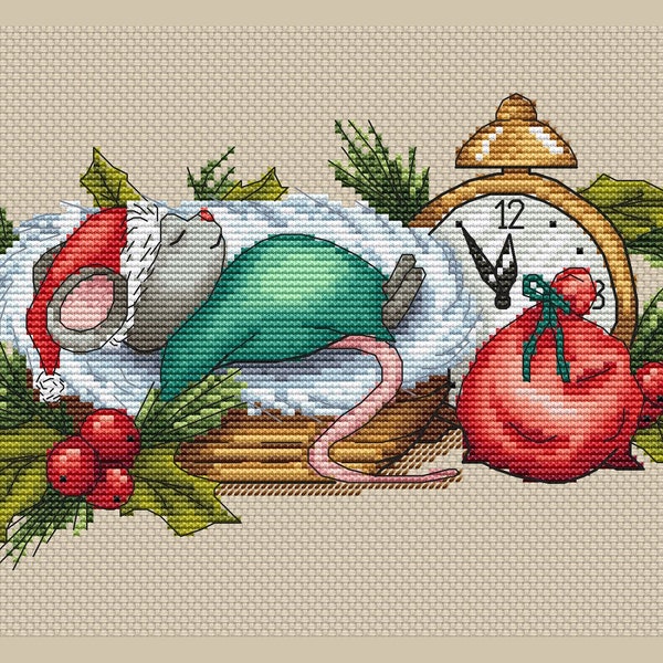 Sweat dreams PDF cross stitch pattern - Winter Cozy counted cross stitch - Cute sleeping mouse embroidery chart - New Year clock