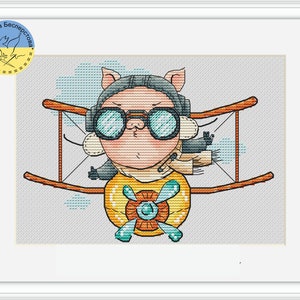 Piggy Aviator - PDF cross stitch pattern piggy - Pig Lover Gift - Pets - Cute pig love chart