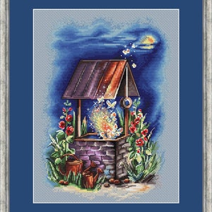 May include: A well with a wooden roof and a brick base, surrounded by flowers and butterflies. The well is lit up with a magical glow, and there are two watering cans on the ground.