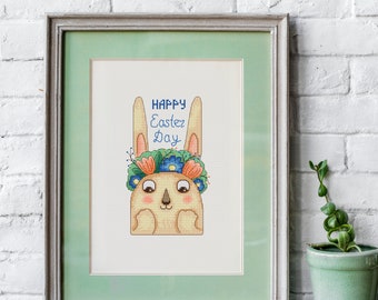 Happy Easter PDF cross stitch pattern - Easter Bunny counted cross stitch - Easter bunny embroidery pdf