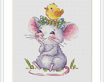 Cute Little mouse with chicken - PDF cross stitch mice pattern  Mouse collection Cross Stitching Animals Embroidery Baby Motif