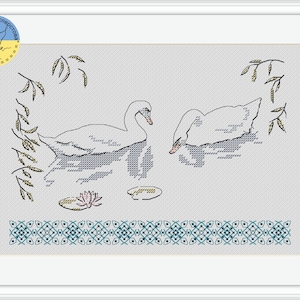 Bird family PDF cross stitch pattern - Swan Couple embroidery - Swan chart beginners cross stitch - Swans in lake digital pattern