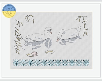 Patrón de punto de cruz en PDF de familia de pájaros - Bordado de pareja de cisnes - Gráfico de cisnes para principiantes en punto de cruz - Patrón digital de cisnes en el lago