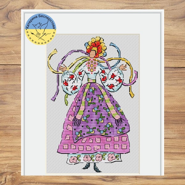 Ukrainian Motanka PDF Cross Stitch Pattern - Folk Girl counted chart - Ukrainian woman embroidery - Libra Zodiac Sign embroidery chart