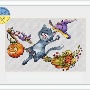 Halloween cat PDF cross stitch pattern - Cat and pumpkin pattern - Halloween embroidery - Spooky Funny embroidery - Cute Witch pattern