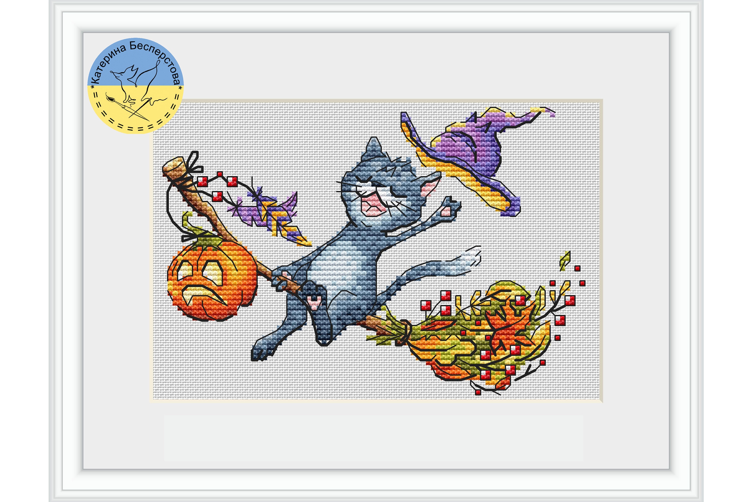 Halloween Cat PDF Cross Stitch Pattern - Cat and Pumpkin Pattern ...