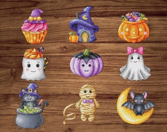 Happy Halloween Set of 9 cute PDF cross stitch patterns -  Ghost - Magic potion - Pumpkin - Trick or treat - Halloween counted xstitch chart