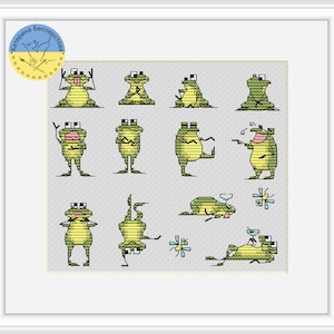 Funny Frogs PDF cross stitch patterns - Frog yoga counted cross stitch pattern - Frog cross stitch chart