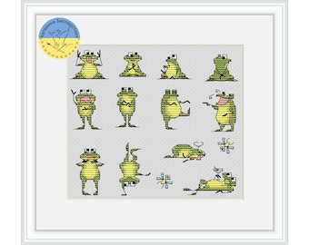 Funny Frogs PDF cross stitch patterns - Frog yoga counted cross stitch pattern - Frog cross stitch chart