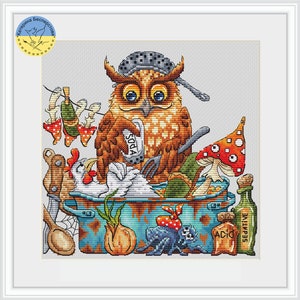 Owl soup PDF cross stitch pattern bird - Funny Cute Owl cross stitch chart - Owl embroidery - Forest Magic embroidery