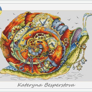 Snail the Watchmaker PDF cross stitch pattern - Funny Snail counted cross stitch - Fantasy Snail embroidery - Magic Snail chart
