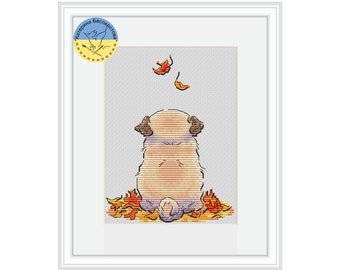 Pug and Autumn leaves PDF cross stitch pattern - Funny Pug dog counted chart - Cute Dog Lover Gift embroidery - Pets x-stitch chart