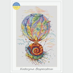 Snail and hot air balloon PDF cross stitch pattern - Funny Snail counted cross stitch - Fantasy Snail embroidery - Magic Snail pattern