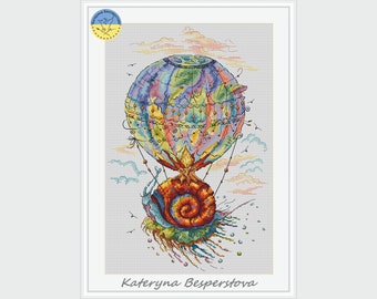 Snail and hot air balloon PDF cross stitch pattern - Funny Snail counted cross stitch - Fantasy Snail embroidery - Magic Snail pattern