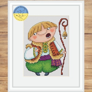 Shepherd boy singing Carol of the bells cross stitch - Funny Ukrainian Boy counted chart - Slavic Folk Style embroidery pdf  - Little boy