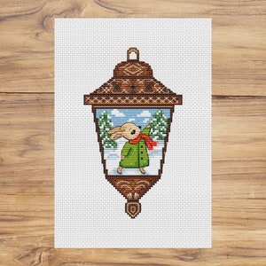 Christmas Lantern Bunny PDF cross stitch pattern - Winter lights counted pdf chart - New Year decoration - Christmas Lantern embroidery