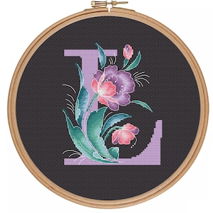 Letra floral L - Patrón de punto de cruz pdf popular - Monograma de flores - gráfico de punto de cruz contado - Estilo Zhostovo