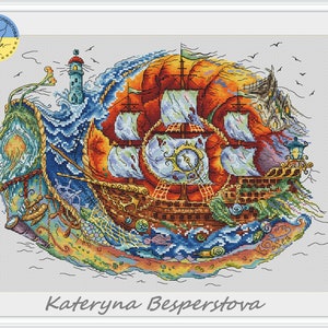 Snail Sea Wolf PDF cross stitch pattern - Funny Snail counted cross stitch - Magic Snail embroidery - Fantasy Snail cross stitch