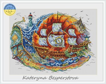 Snail Sea Wolf PDF cross stitch pattern - Funny Snail counted cross stitch - Magic Snail embroidery - Fantasy Snail cross stitch