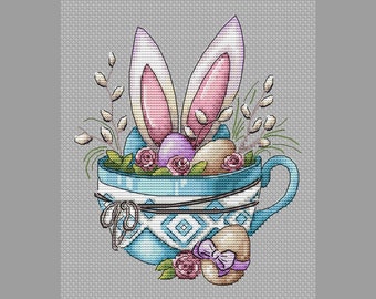 Happy Easter PDF cross stitch pattern - Easter Bunny in a cup counted cross stitch - Easter bunny embroidery pdf - Easter eggs chart