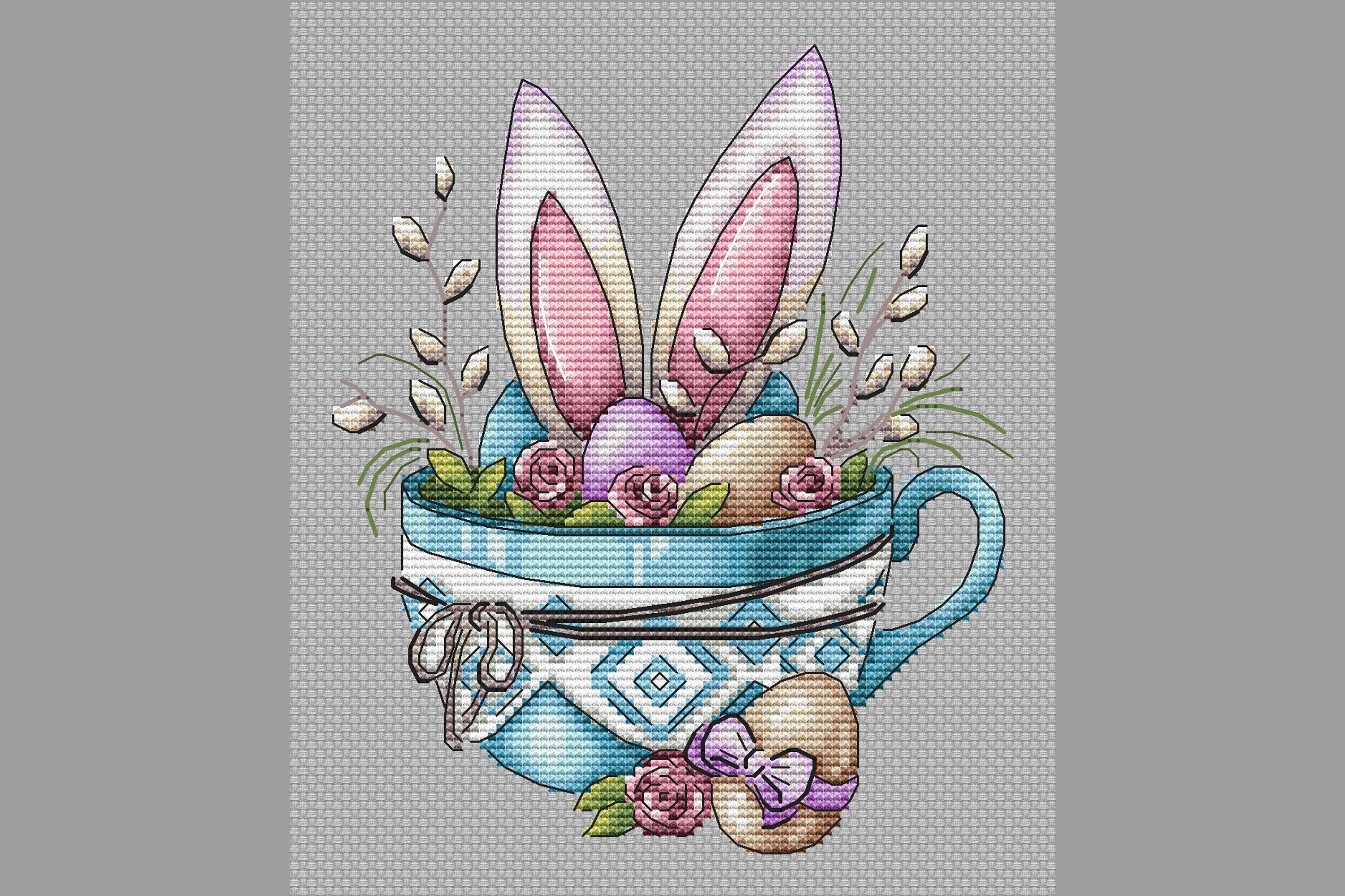 Happy Easter PDF Cross Stitch Pattern - Easter Bunny in a Cup Counted ...