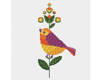 Molly Pájaro y flor PDF Patrón de punto de cruz - Lindo punto de cruz de pajarito - Punto de cruz contado Pájaro - Bordado primitivo punto x