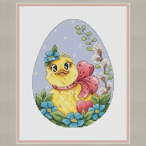 Happy Easter PDF cross stitch pattern - Easter chicken counted cross stitch - Easter chick embroidery pdf - Easter eggs chart