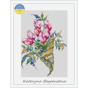 Spring Melody Tulips PDF patrón de punto de cruz - Punto de cruz de tulipanes - Gráfico contado de ramo de primavera - Gráfico de tulipán rosa - Gráfico de música pdf