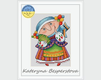 Kateryna cross stitch - Happy Easter PDF cross stitch pattern - Ukrainian Folk Style embroidery pdf - Easter eggs chart - Woman pdf chart