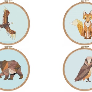 SALE: 4 geometrische PDF Stichmuster Eule - Bär - Adler - Fuchs