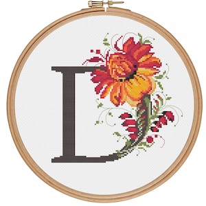 Letra floral D - Patrón de monograma de punto de cruz D - Estilo tradicional popular - Patrón PDF - Gráfico de punto de cruz contado con monograma de flores