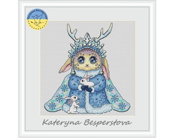 Forest Fairy with PDF cross stitch pattern - Winter Princess counted cross stitch - Fantasy embroidery pdf - Snowflake embroidery