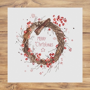 Marry Christmas Kranz PDF Kreuzstichmuster - Winterkranz perfekt für Kissen x-Stichtabelle - Happy New Year gezählt pdf chart