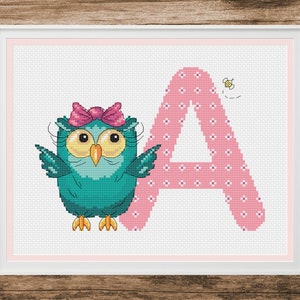 Uil kinderen monogram letter A - PDF kruissteekpatroon - kruissteek initialen A - babymeisje alfabet - geteld kruissteekdiagram