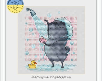 Pug dog in Shower - PDF cross stitch pattern dog - Dog Lover Gift - Pets - Funny dog chart