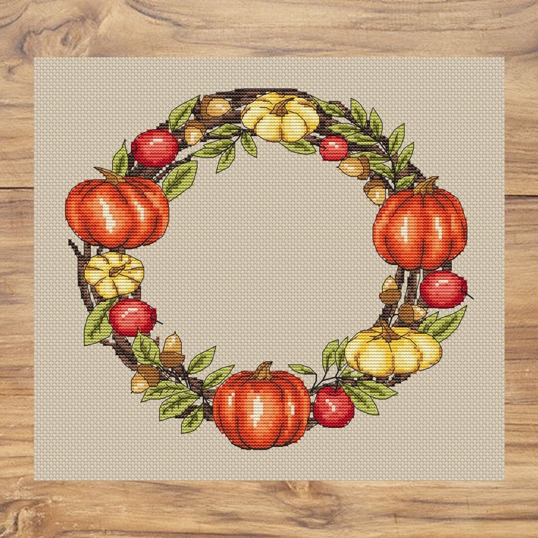Autumn Harvest Wreath PDF Cross Stitch Pattern - Pumpkins - Golden ...