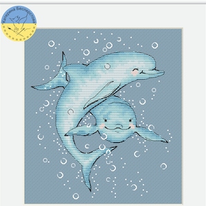 Dos Delfines PDF patrones punto de cruz - Animales marinos punto de cruz contados - Pareja de delfines punto de cruz - Tabla pdf de bordado de delfines