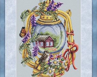 Summer Lantern - PDF cross stitch pattern - Summer bouquet counted pdf chart -  Birds Nature embroidery - Seasons counted pdf chart