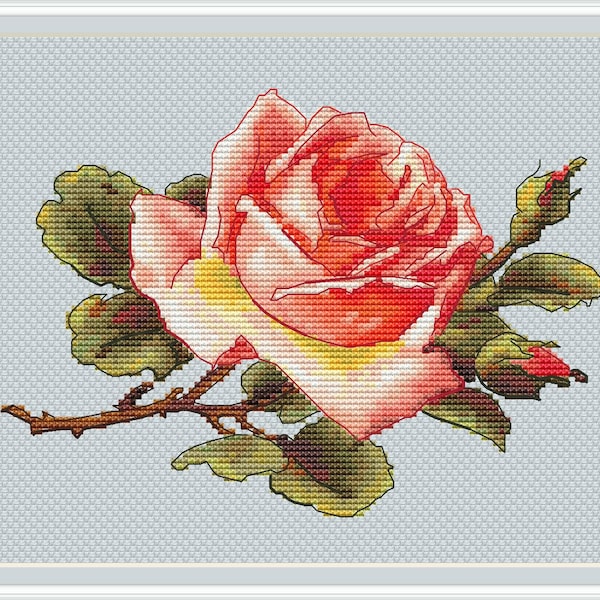 Salmon color Rose cross stitch pattern - PDF cross stitch red flower - Pink Rose embroidery chart