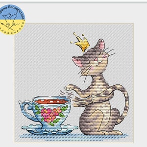 Cat and tea with PDF cross stitch pattern - Cute Cat cross stitch - Cat Lover Gift - Cat & mug counted pattern - Cat embroidery chart