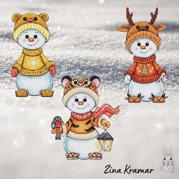 SET : Snowman Collection - PDF motif de point de croix Tiger Bear Deer - Little Cute Snowman - design pour toile plastique