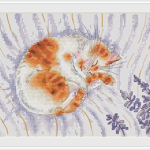 Lavender Dreams PDF cross stitch pattern - Cute Cat cross stitch - Cat Lover Gift - Ginger Cat counted pattern - Kitten embroidery pdf chart