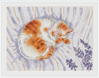 Lavender Dreams PDF cross stitch pattern - Cute Cat cross stitch - Cat Lover Gift - Ginger Cat counted pattern - Kitten embroidery pdf chart