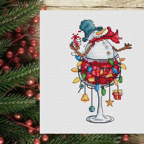 Snowman in a glass of red wine PDF cross stitch pattern - Winter Fun counted cross stitch - Cute Funny Snowman embroidery - Happy New Year